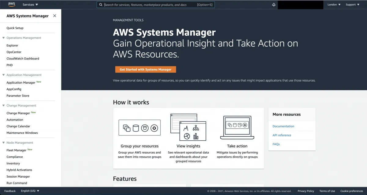 AWS Systems Manager home page in the AWS console, with Parameter Store in the left-hand menu
