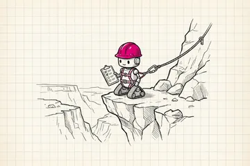 Ink sketch of a small robot wearing a hard hat and a safety harness clipped to a rope, holding a checklist, standing on a ledge