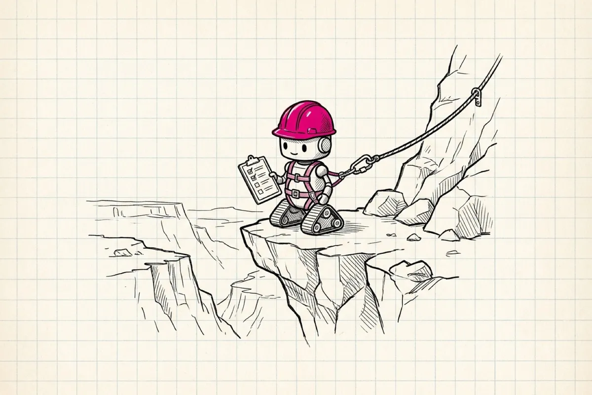 Ink sketch of a small robot wearing a hard hat and a safety harness clipped to a rope, holding a checklist, standing on a ledge
