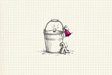 Ink sketch of a metal bucket with a bell tied to its handle; an object dropping into the bucket makes the bell ring and wakes a small Greek lambda symbol sitting beside it