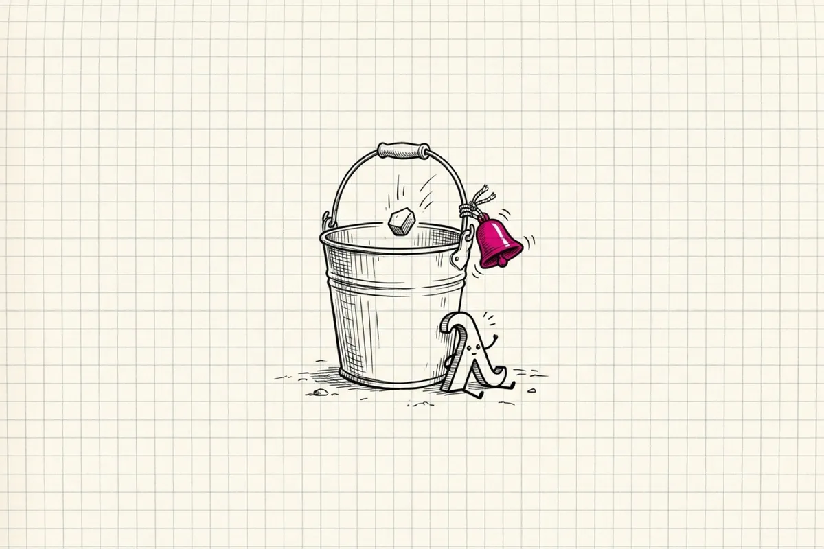 Ink sketch of a metal bucket with a bell tied to its handle; an object dropping into the bucket makes the bell ring and wakes a small Greek lambda symbol sitting beside it