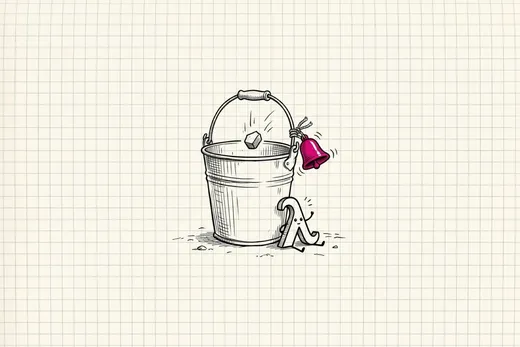 Ink sketch of a metal bucket with a bell tied to its handle; an object dropping into the bucket makes the bell ring and wakes a small Greek lambda symbol sitting beside it