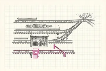 Ink sketch of four railway tracks leaving one station: a direct line, a platform with a queue of parcels, a signal box, and a toll booth where a small figure collects a fee