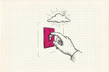Ink sketch of a single light switch on a wall with a hand flicking it, and a small cloud above lighting up like a bulb