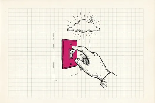 Ink sketch of a single light switch on a wall with a hand flicking it, and a small cloud above lighting up like a bulb