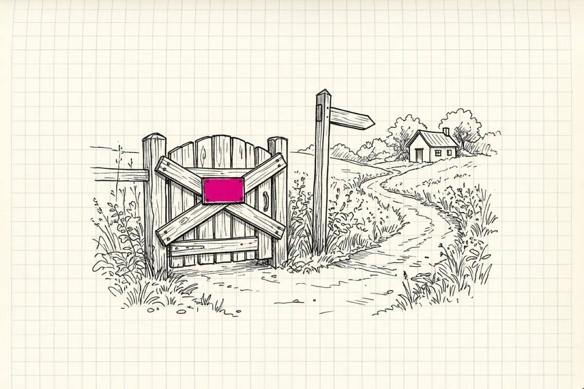 Ink sketch of an old garden gate boarded shut with a pink sign reading 410, while a hand-drawn signpost beside it points along a new path to a small house