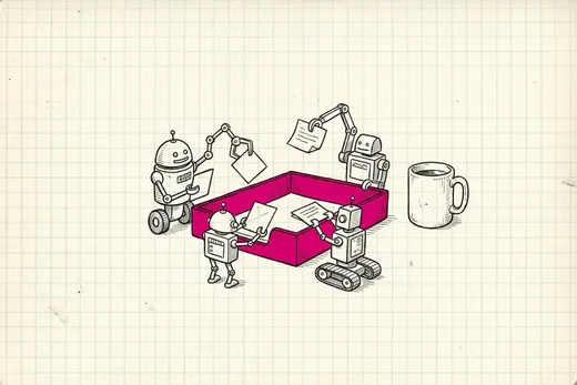 Ink sketch of five or six small doodled robots each posting a card into one single desk in-tray, with a person's coffee mug beside it