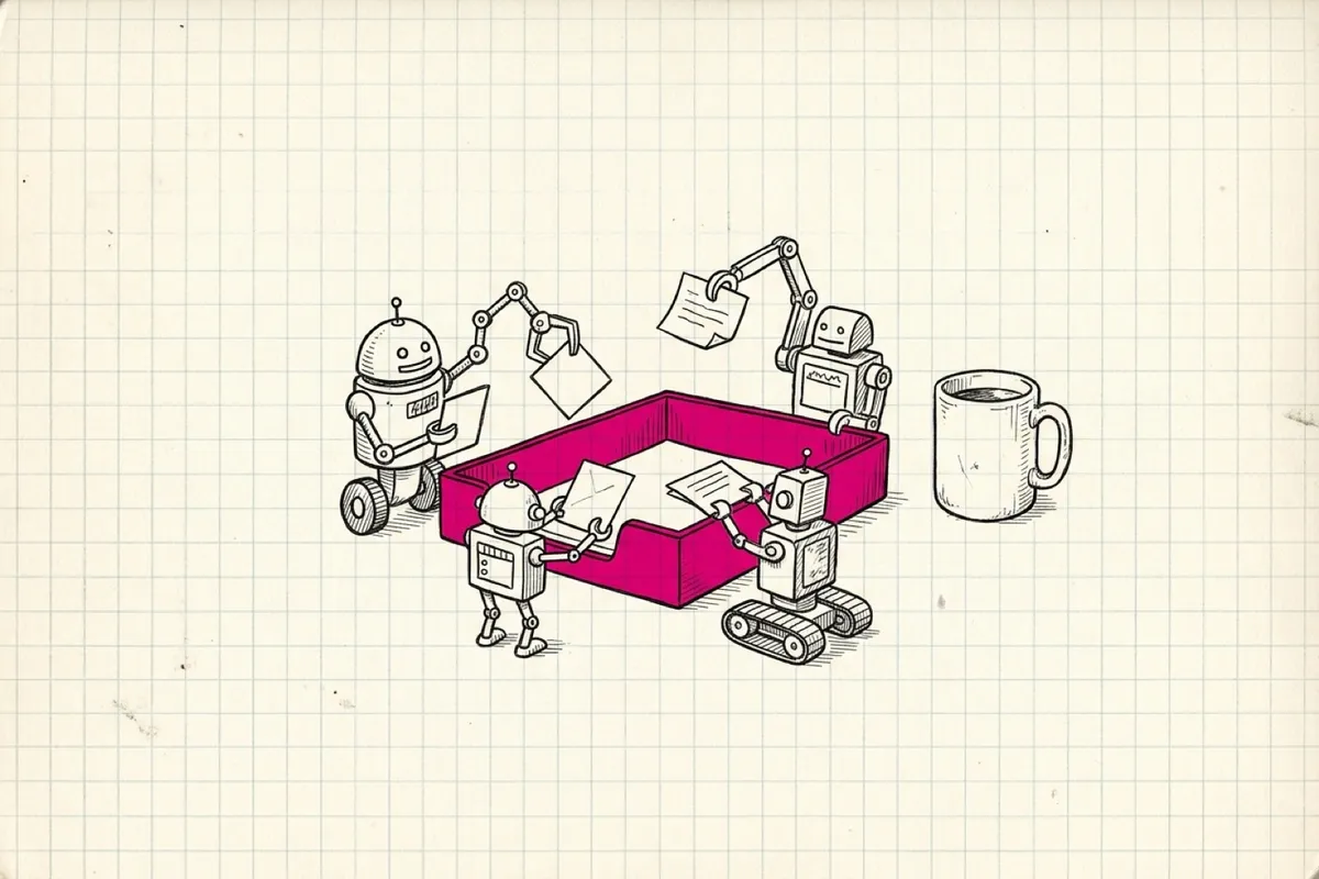 Ink sketch of five or six small doodled robots each posting a card into one single desk in-tray, with a person's coffee mug beside it