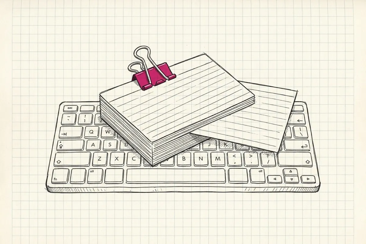 Ink sketch of a neat stack of recipe cards held with a bulldog clip, lying on a keyboard, one card pulled half out