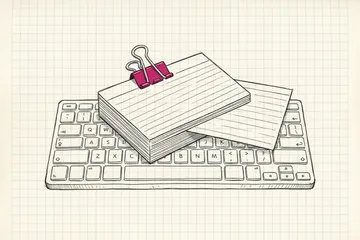 Ink sketch of a neat stack of recipe cards held with a bulldog clip, lying on a keyboard, one card pulled half out