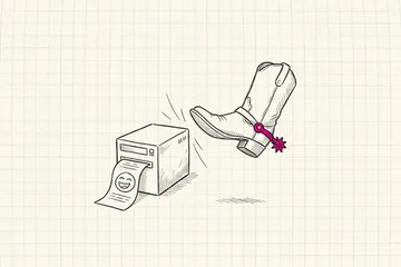 Ink sketch of a cowboy boot mid roundhouse kick next to a small server box, the server printing out a paper strip with a big laughing face doodle