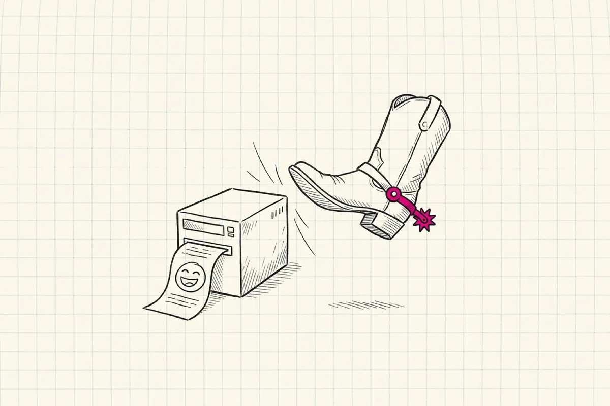 Ink sketch of a cowboy boot mid roundhouse kick next to a small server box, the server printing out a paper strip with a big laughing face doodle