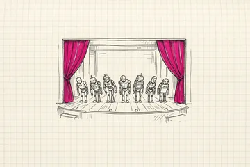 Ink sketch of a small theatre stage with the curtains drawn back and seven doodled robots taking a bow in a neat line