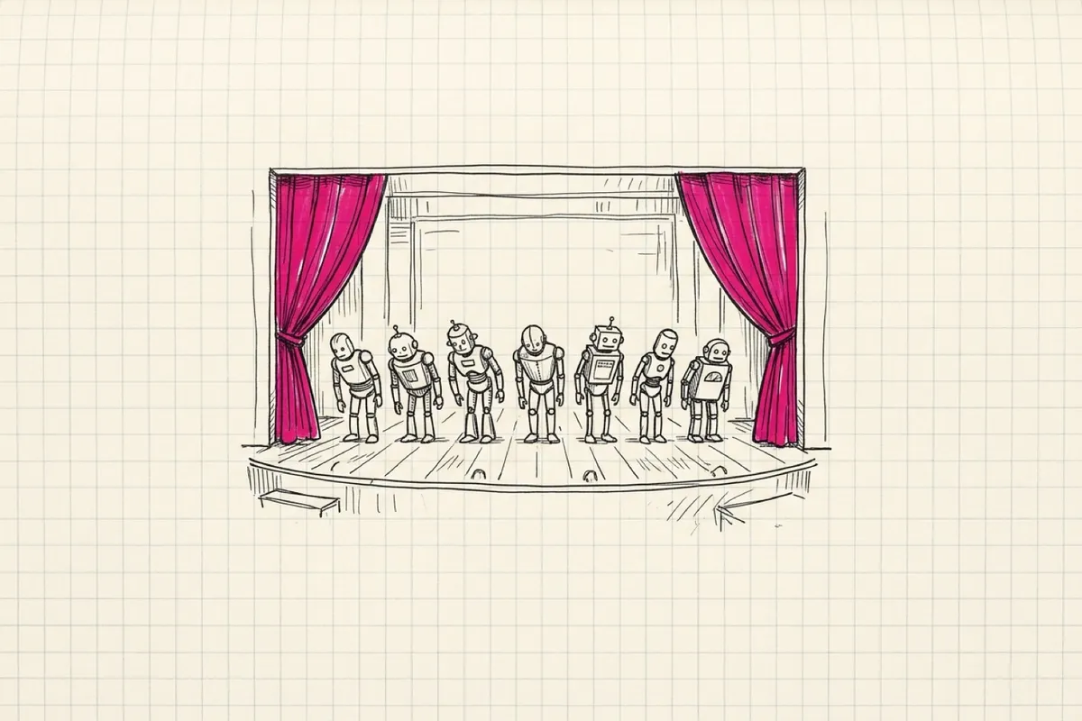 Ink sketch of a small theatre stage with the curtains drawn back and seven doodled robots taking a bow in a neat line