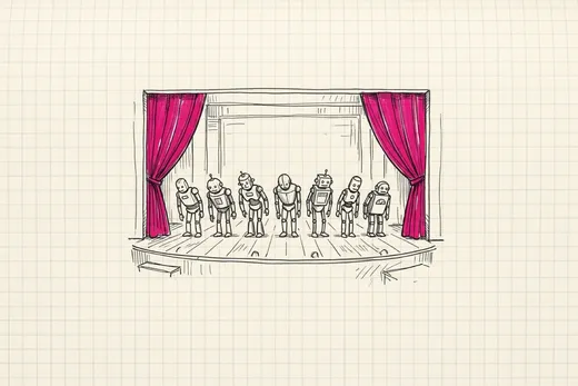 Ink sketch of a small theatre stage with the curtains drawn back and seven doodled robots taking a bow in a neat line