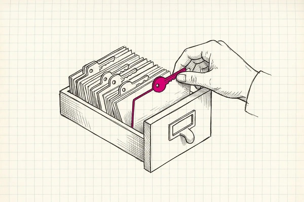 Ink sketch of a card-index drawer where every divider tab is shaped like a key, and a hand pulling one card out by its key tab