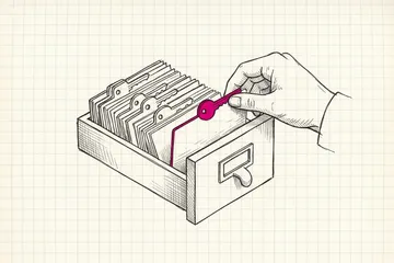 Ink sketch of a card-index drawer where every divider tab is shaped like a key, and a hand pulling one card out by its key tab