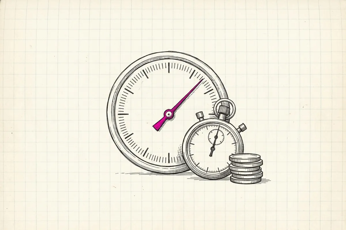 Ink sketch of a large dial marked with Lambda memory sizes from 128 MB to 3,008 MB, its pink needle resting at 512 MB, beside a stopwatch and a small stack of coins