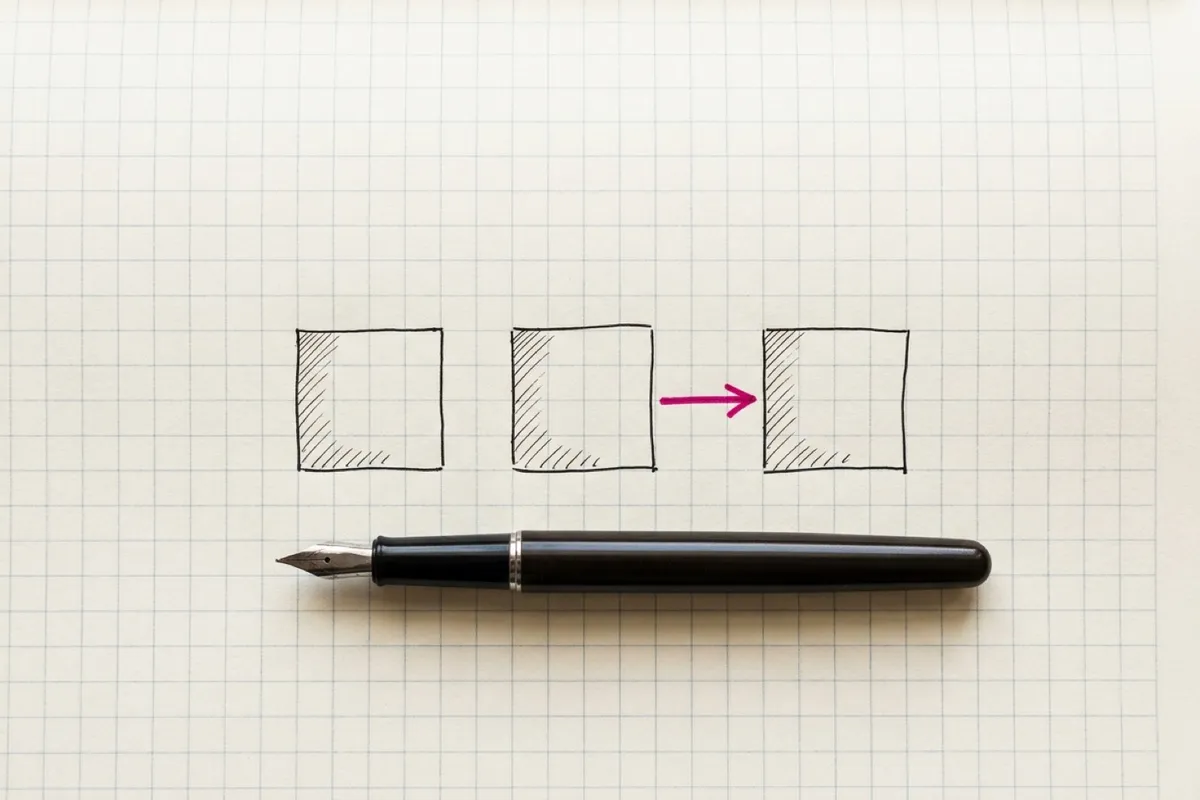 Ink sketch of a fountain pen resting on grid paper beside a half-drawn diagram of three boxes, with the final arrow still being drawn in pink ink
