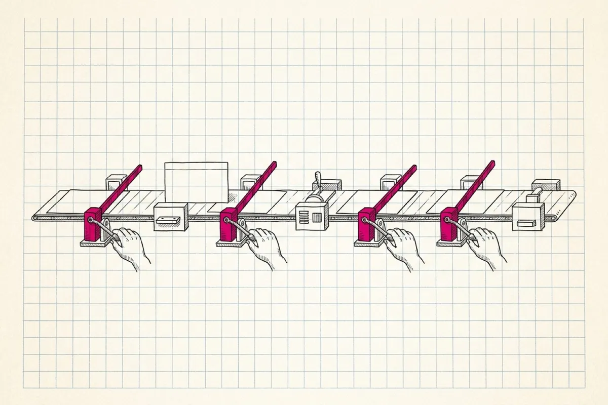 Ink sketch of a single index card travelling along a line of seven small stations; four of the stations are little level-crossing gates with a human hand on each gate's lever