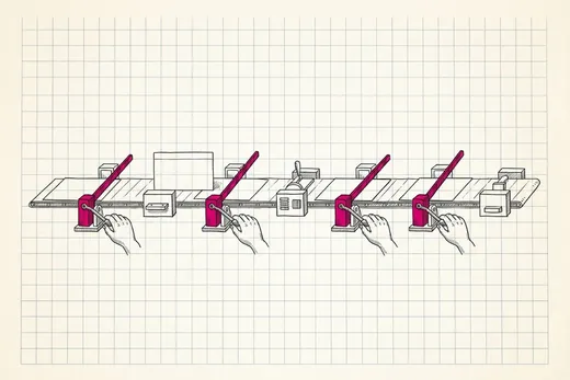 Ink sketch of a single index card travelling along a line of seven small stations; four of the stations are little level-crossing gates with a human hand on each gate's lever