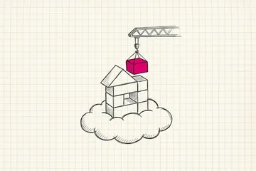 Ink sketch of a stack of building blocks forming a small house that sits on top of a cloud
