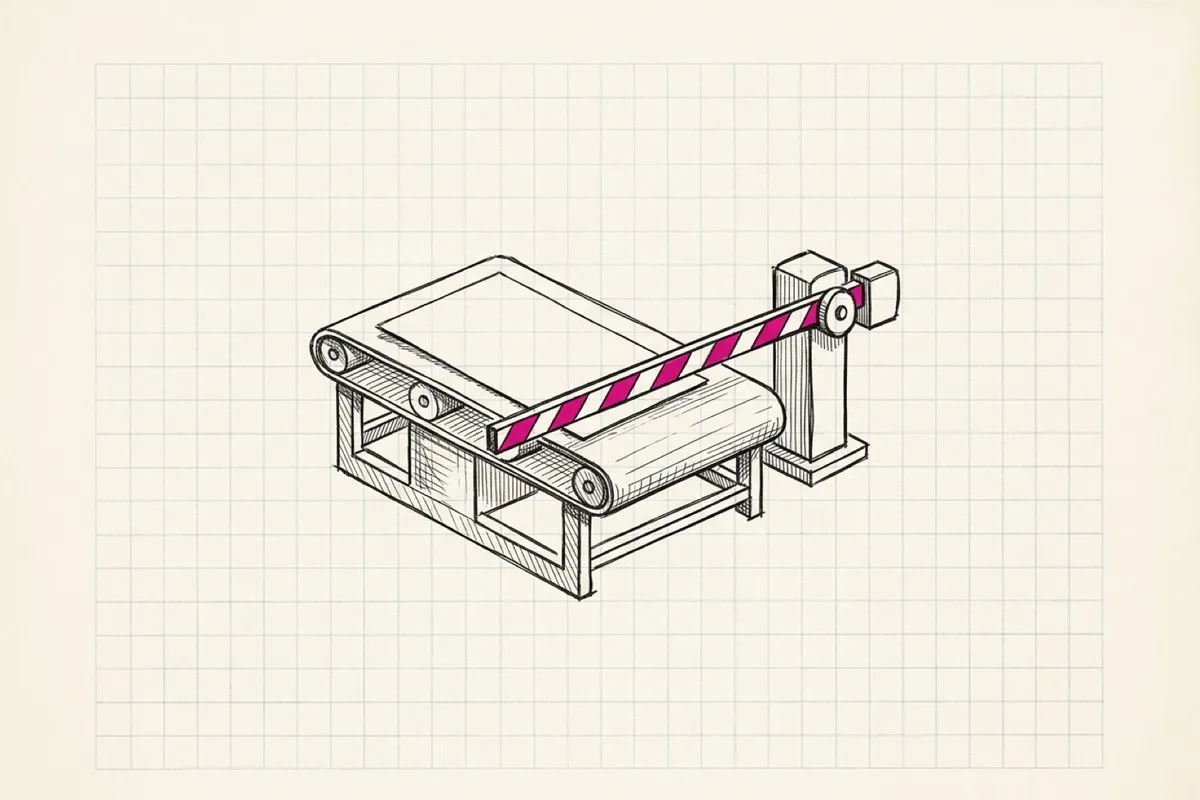 Ink sketch of a single sheet of paper on a conveyor belt, stopped by a lowered level-crossing barrier whose arm is picked out in pink