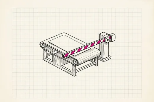Ink sketch of a single sheet of paper on a conveyor belt, stopped by a lowered level-crossing barrier whose arm is picked out in pink