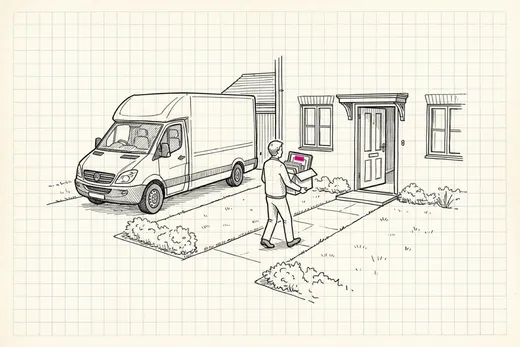 Ink sketch of a removal van outside a house, a figure carrying boxes of pages and framed pictures down a path into a tidy new building, one caption label on a frame picked out in pink
