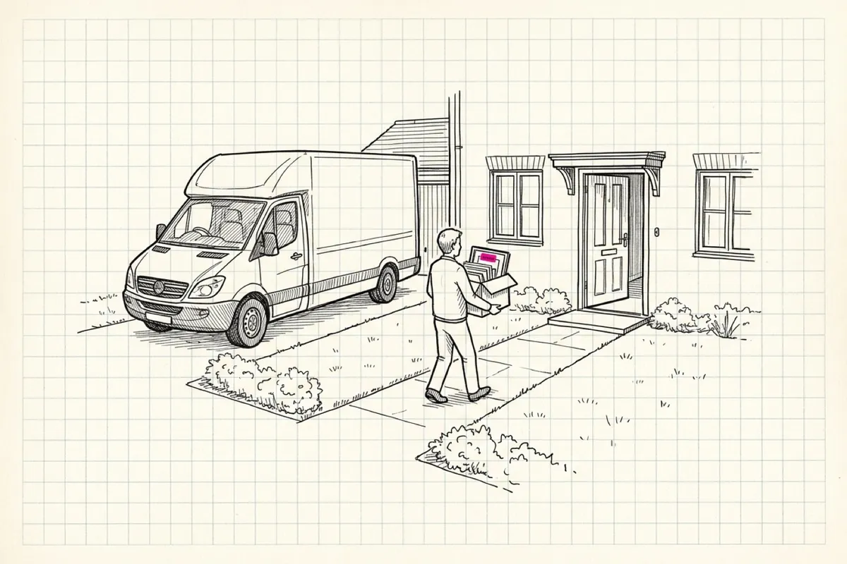 Ink sketch of a removal van outside a house, a figure carrying boxes of pages and framed pictures down a path into a tidy new building, one caption label on a frame picked out in pink