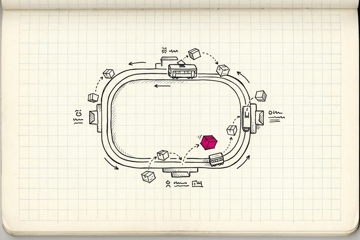 Ink sketch of a little tram line map drawn as a loop with stations; small parcels hop on and off at the stations independently of each other