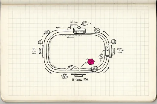 Ink sketch of a little tram line map drawn as a loop with stations; small parcels hop on and off at the stations independently of each other