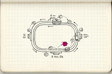 Ink sketch of a little tram line map drawn as a loop with stations; small parcels hop on and off at the stations independently of each other