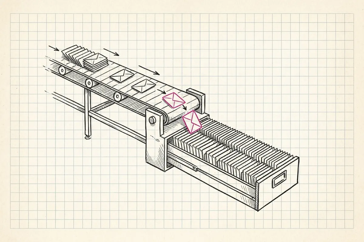 Ink sketch of a conveyor belt carrying small envelopes that drop one by one into a long neat card-index drawer where every envelope is kept in order