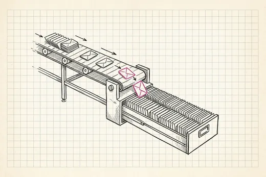 Ink sketch of a conveyor belt carrying small envelopes that drop one by one into a long neat card-index drawer where every envelope is kept in order