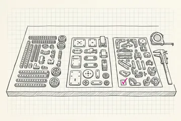 Ink sketch of three different robot construction kits laid out side by side on a workbench with a tape measure and calipers comparing them
