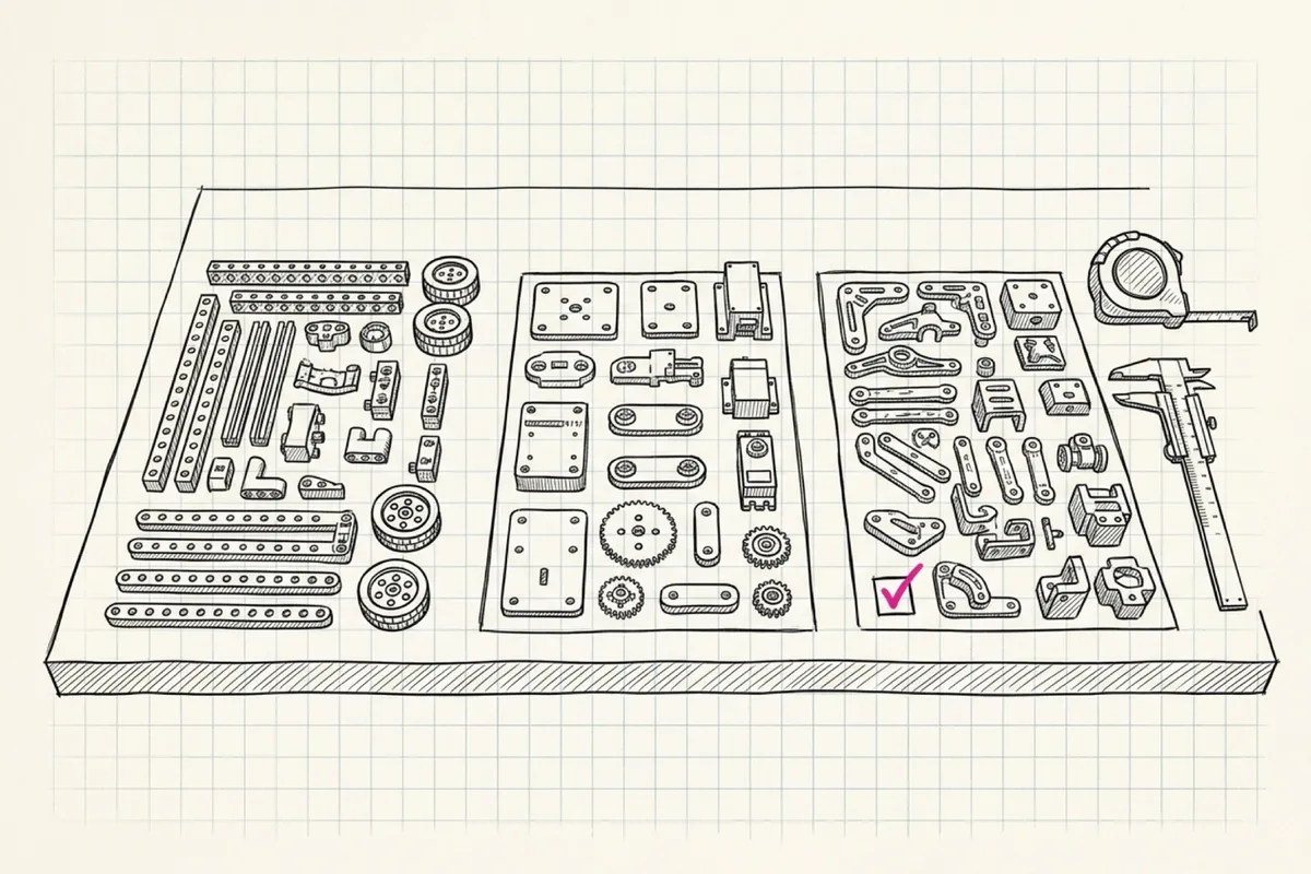 Ink sketch of three different robot construction kits laid out side by side on a workbench with a tape measure and calipers comparing them