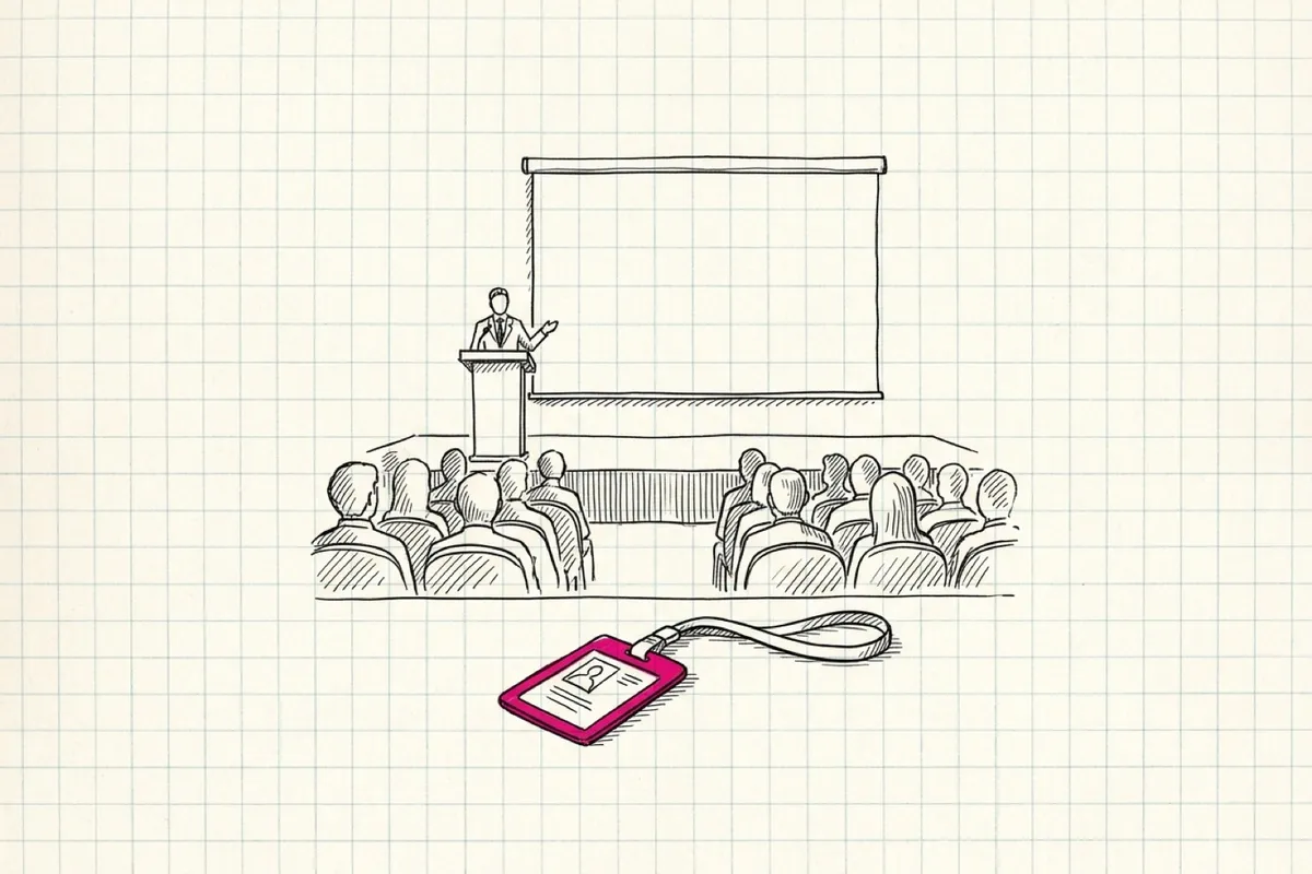 Ink sketch of a conference hall seen from the audience: a stage with a speaker and a big blank screen, rows of heads in silhouette