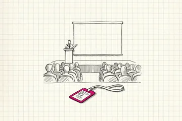 Ink sketch of a conference hall seen from the audience: a stage with a speaker and a big blank screen, rows of heads in silhouette