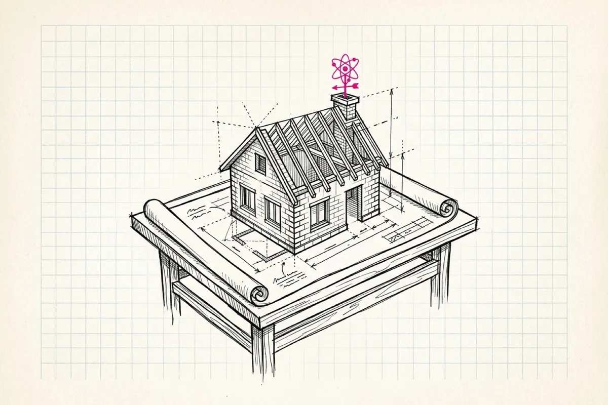 Ink sketch of a blueprint unrolled on a drafting table, and a small house assembling itself out of the blueprint's lines