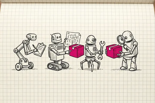 Ink sketch of a short assembly line of four doodled robot specialists, one with a clipboard, one with a blueprint, one with a wrench, one with a magnifying glass, passing a single box along