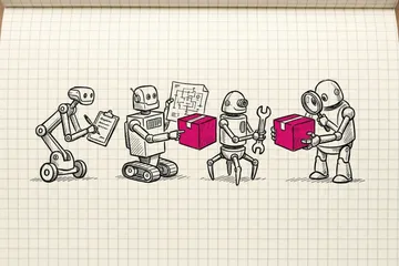 Ink sketch of a short assembly line of four doodled robot specialists, one with a clipboard, one with a blueprint, one with a wrench, one with a magnifying glass, passing a single box along