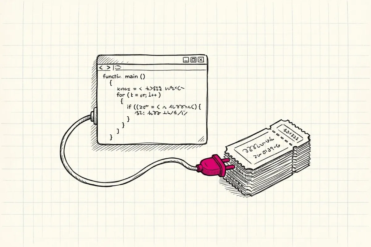 Ink sketch of a code editor window with a cable and plug coming out of it, plugged into a stack of paper tickets like raffle tickets