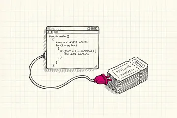 Ink sketch of a code editor window with a cable and plug coming out of it, plugged into a stack of paper tickets like raffle tickets