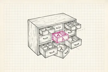 Ink sketch of a tidy wooden tool chest with several open drawers, each drawer holding one small Greek lambda symbol like a tool, and one shared drawer in the middle that all the others draw from