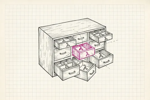 Ink sketch of a tidy wooden tool chest with several open drawers, each drawer holding one small Greek lambda symbol like a tool, and one shared drawer in the middle that all the others draw from