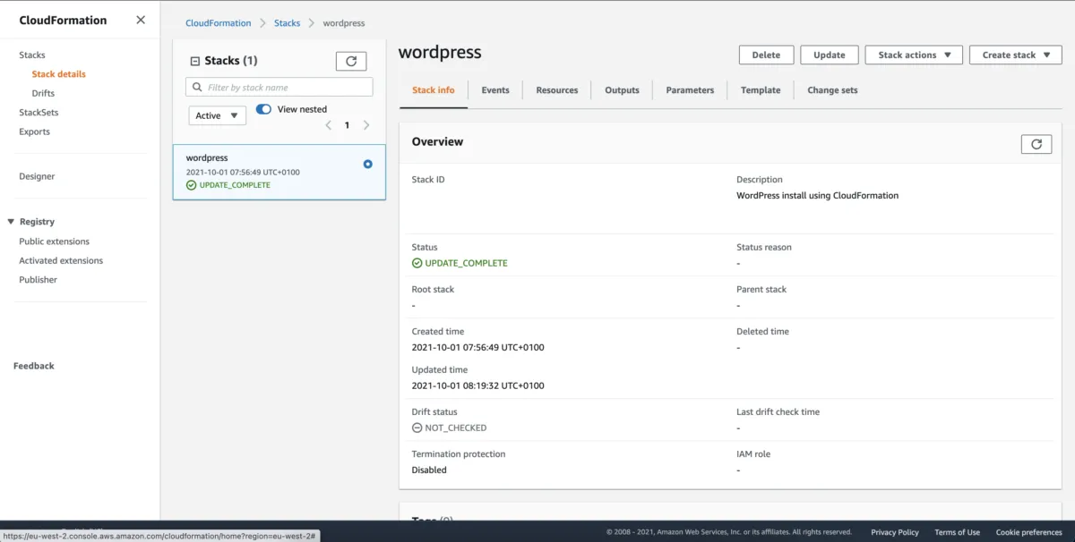 CloudFormation console showing the wordpress stack with status UPDATE_COMPLETE