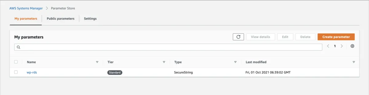 Parameter Store listing the wp-rds database password stored as a SecureString
