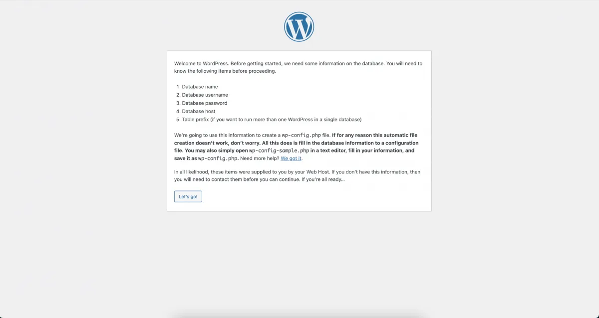 WordPress installer welcome screen listing the database details needed to continue