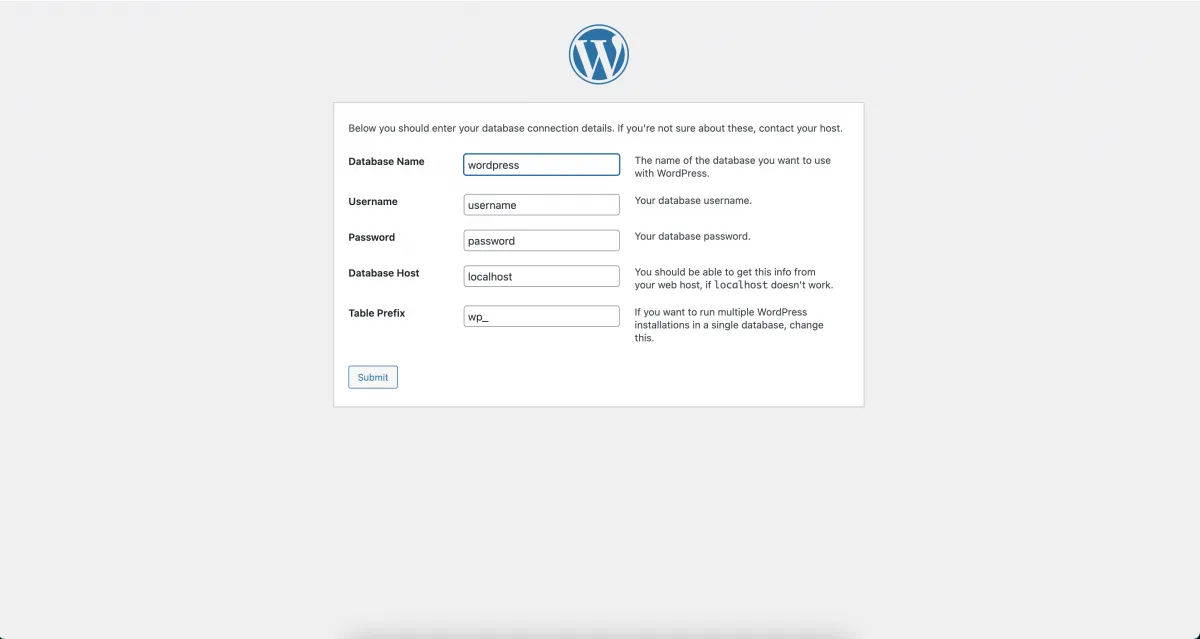 WordPress installer form for the database name, username, password, host and table prefix